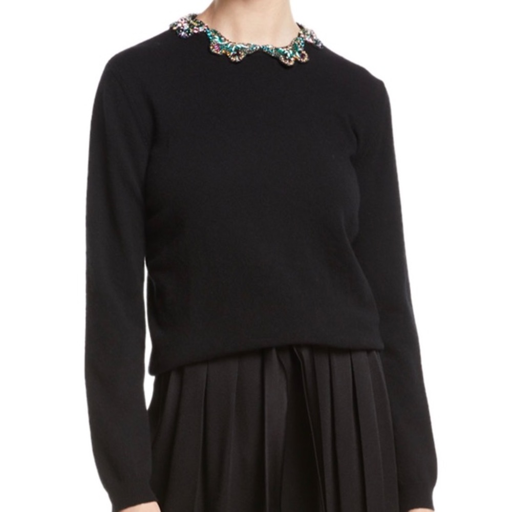 Valentino Wool-Silk Sweater w/ Embroidered Butterfly Neck